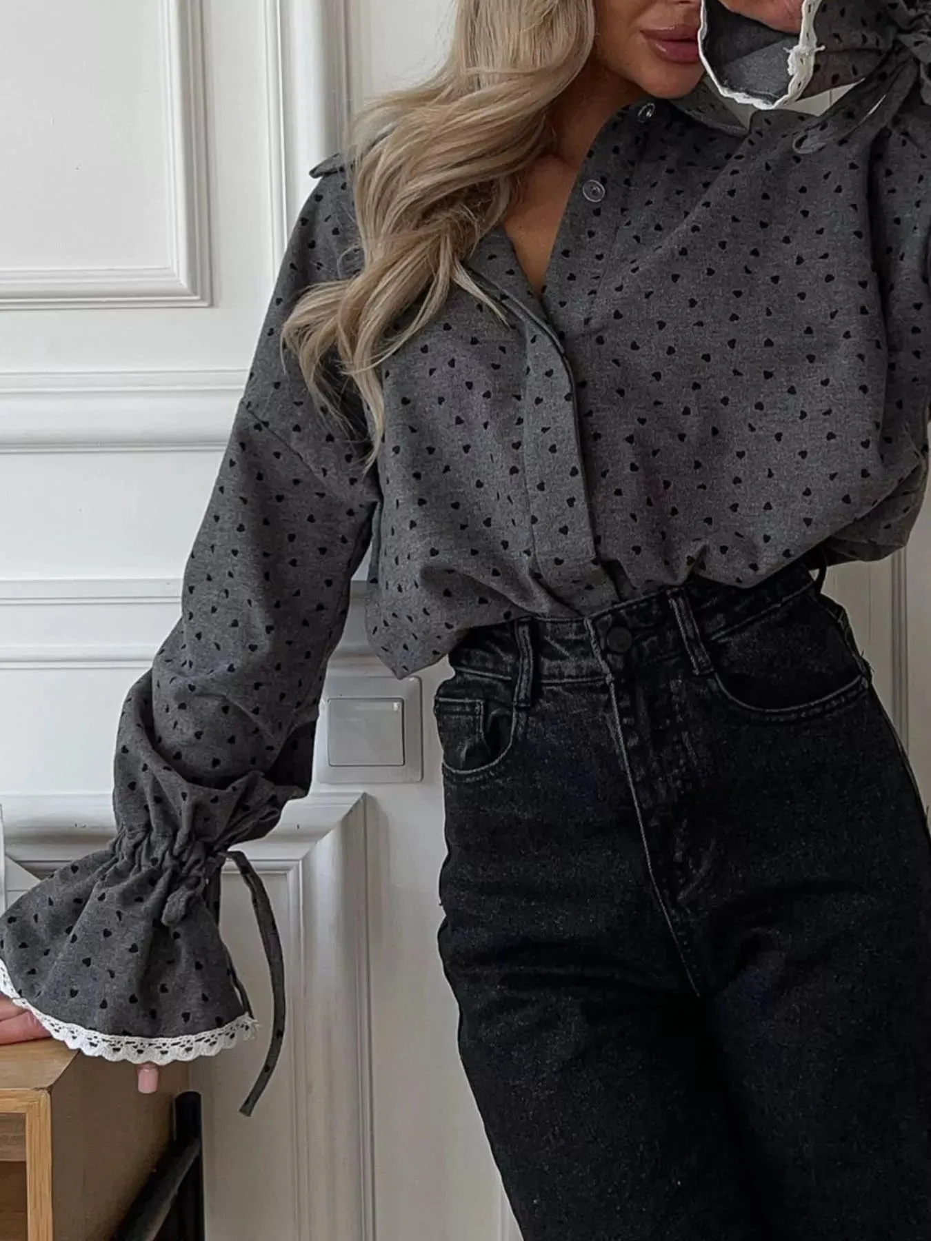 Heart Print Button Up Flounce Sleeve Shirt sold by Charming Charlie product image thumbnail 3