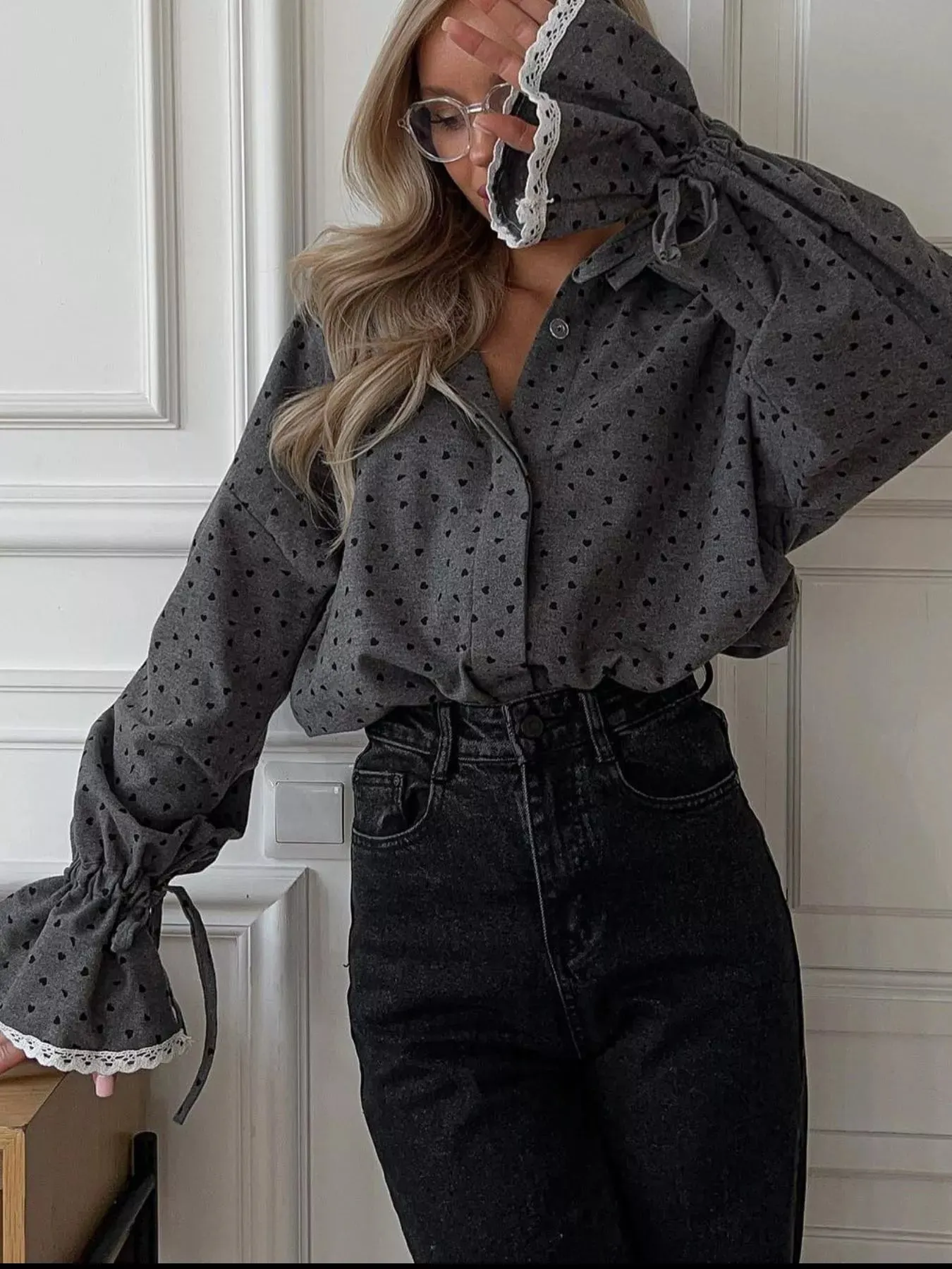 Heart Print Button Up Flounce Sleeve Shirt sold by Charming Charlie product image thumbnail 4