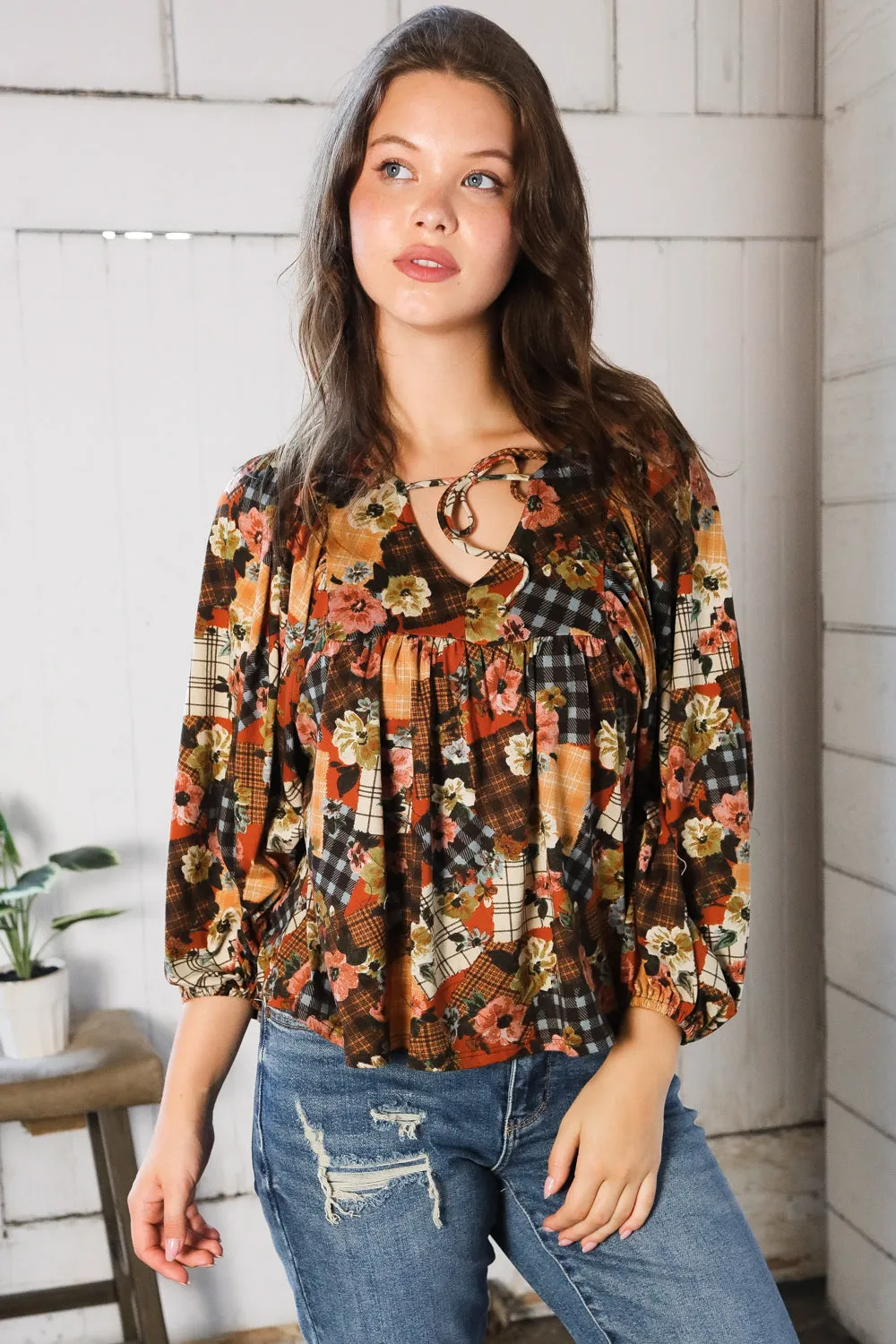 Apple Cider Patchwork Print Blouse sold by Charming Charlie product image thumbnail 4