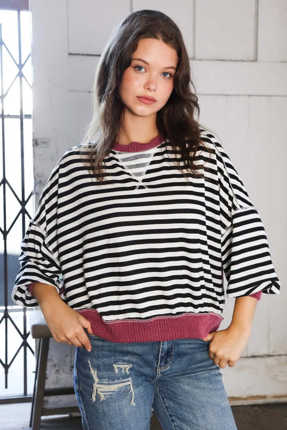 A Stripe Story Wine Crew Neck Pullover sold by Charming Charlie