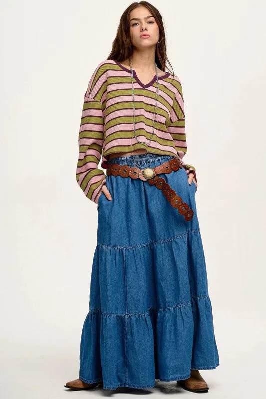 Green Stripes Texture Notched Neck Long Sleeve Top sold by Charming Charlie product image thumbnail 5