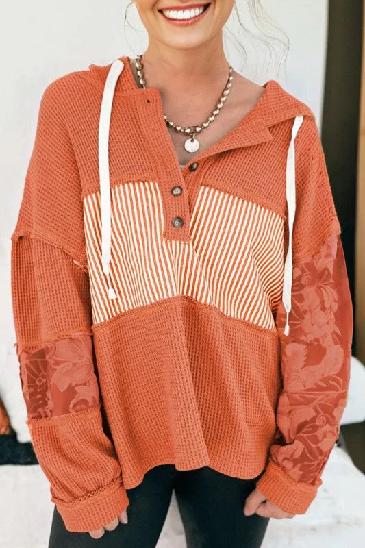 Stripe Waffle Patchwork Hooded Long Sleeve Top sold by Charming Charlie