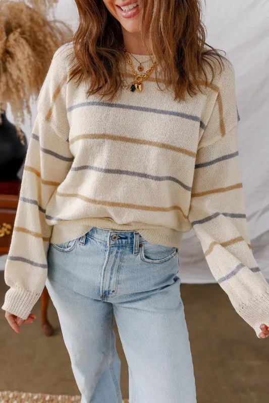 Stripe Ribbed Trim Drop Shoulder Sweater sold by Charming Charlie