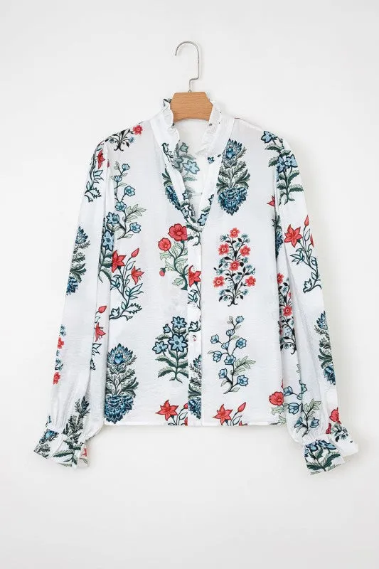 Floral Frilled V-Neck Long Sleeve Buttoned Shirt sold by Charming Charlie