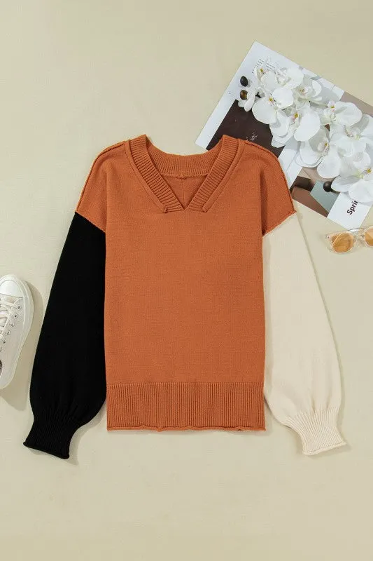 Colorblock Raw Edge Bubble Sleeve V-Neck Sweater sold by Charming Charlie product image thumbnail 3