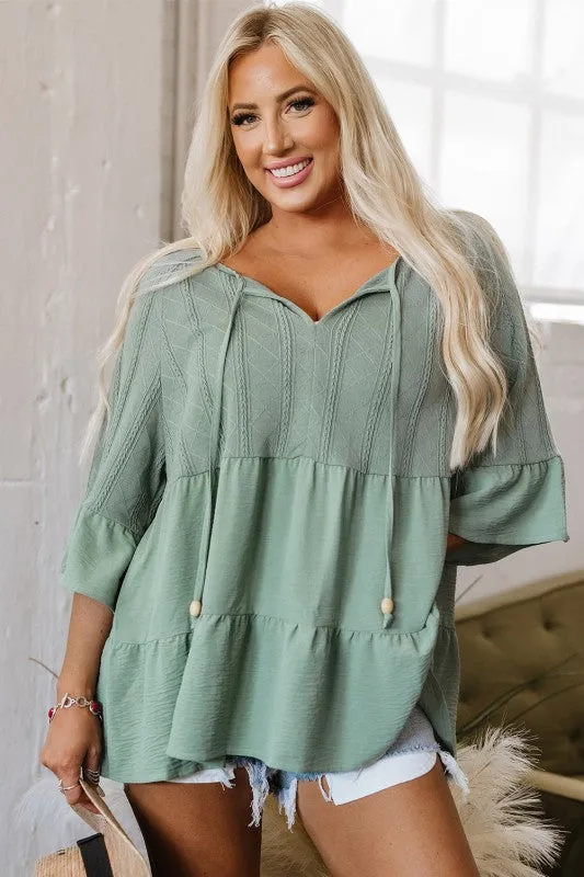 Tie Split Neck Textured Ruffle Patchwork T Shirts sold by Charming Charlie