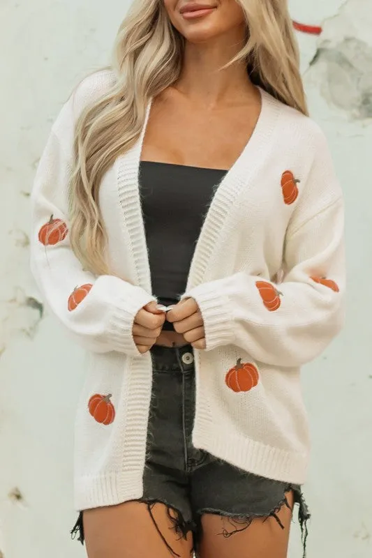 Pumpkin Embroidered Open Front Drop Shoulder Cardi sold by Charming Charlie