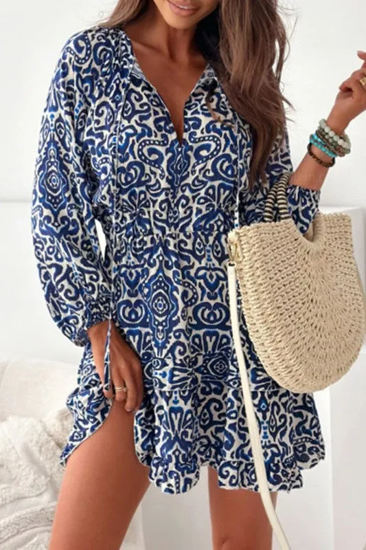 Vintage Print Lace up V Neck Long Sleeve Dress sold by Charming Charlie