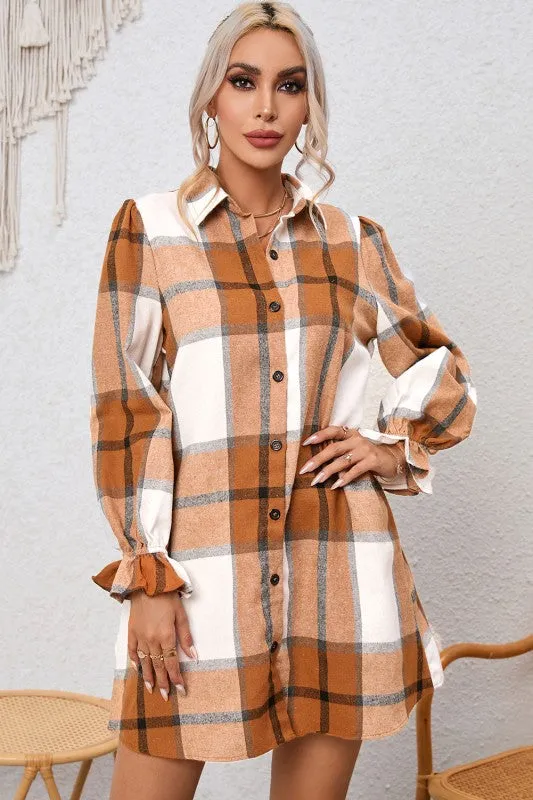 Plaid Collared Neck Ruffled Sleeve Shirt Dress sold by Charming Charlie