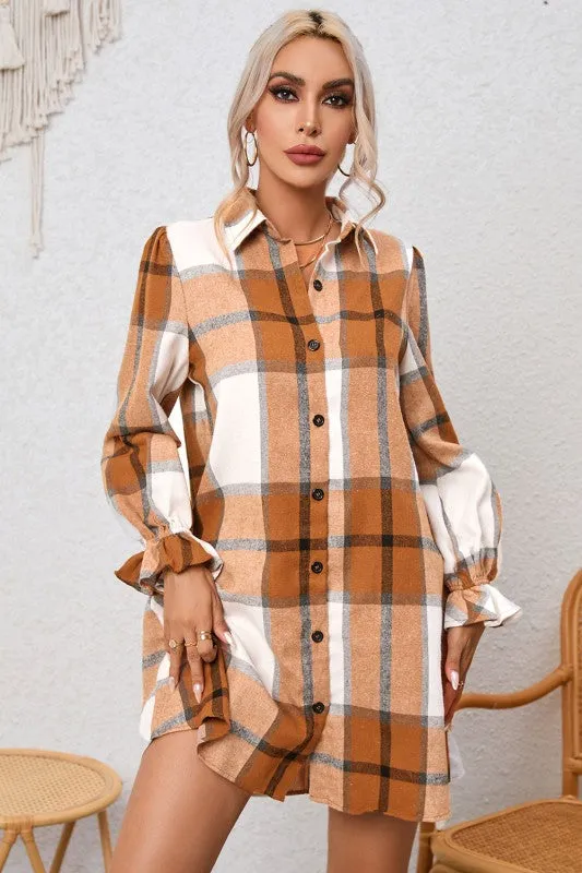 Plaid Collared Neck Ruffled Sleeve Shirt Dress sold by Charming Charlie product image thumbnail 2