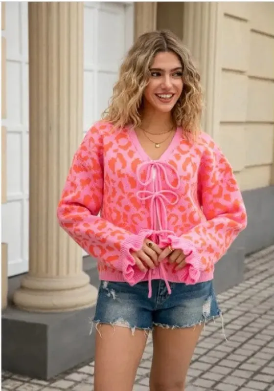 Leopard Knit Cardigan with Front Tie sold by Charming Charlie