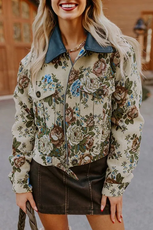 Floral Zip-Up Contrast Collared Jacket sold by Charming Charlie