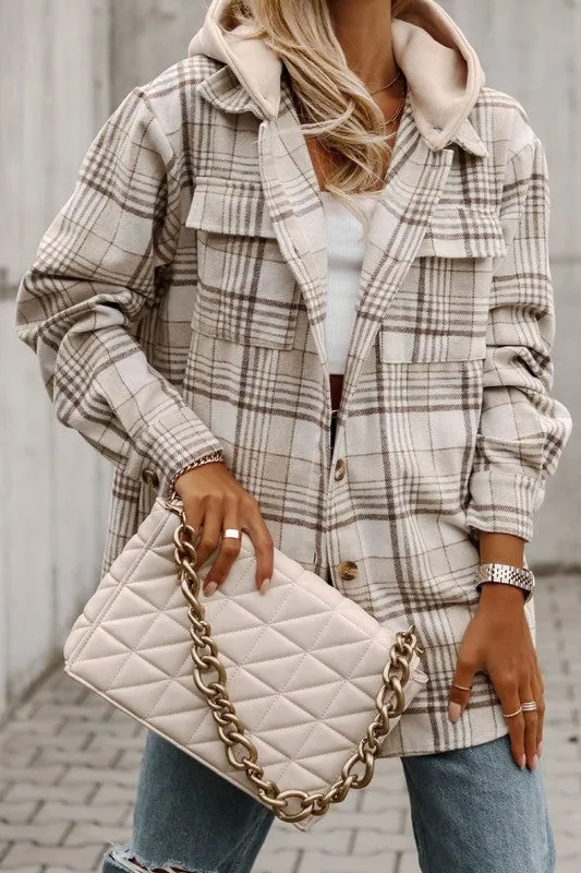 Khaki Plaid Removable Hood Buttoned Shacket Jacket sold by Charming Charlie