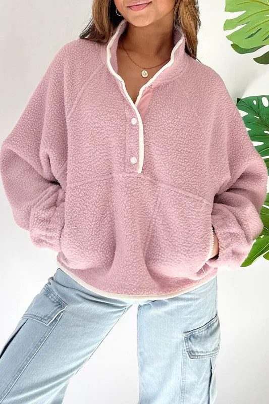 Stand Neck Half Button Zip Pocket Plush Sweatshirt sold by Charming Charlie