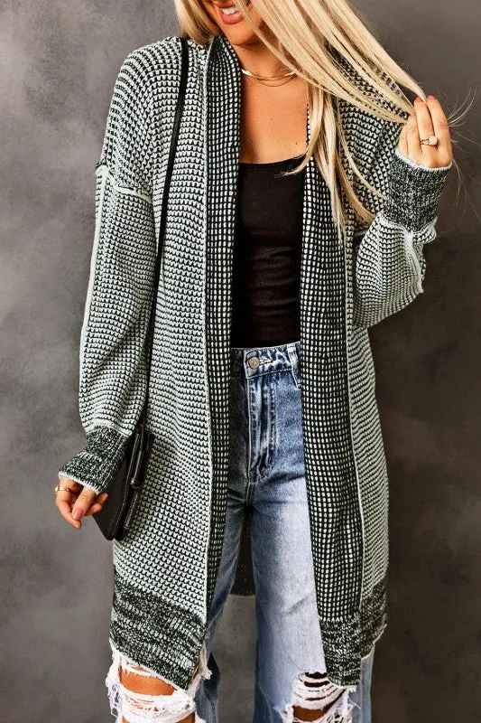 Gray Plaid Knitted Long Open Front Cardigan sold by Charming Charlie