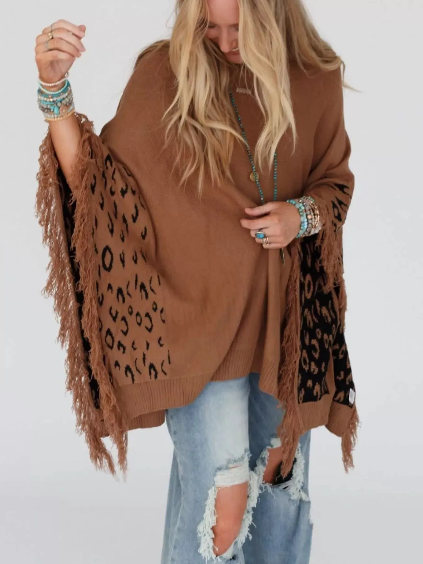 Fringe Leopard Mock Neck Batwing Sleeve Knit Top sold by Charming Charlie product image thumbnail 3