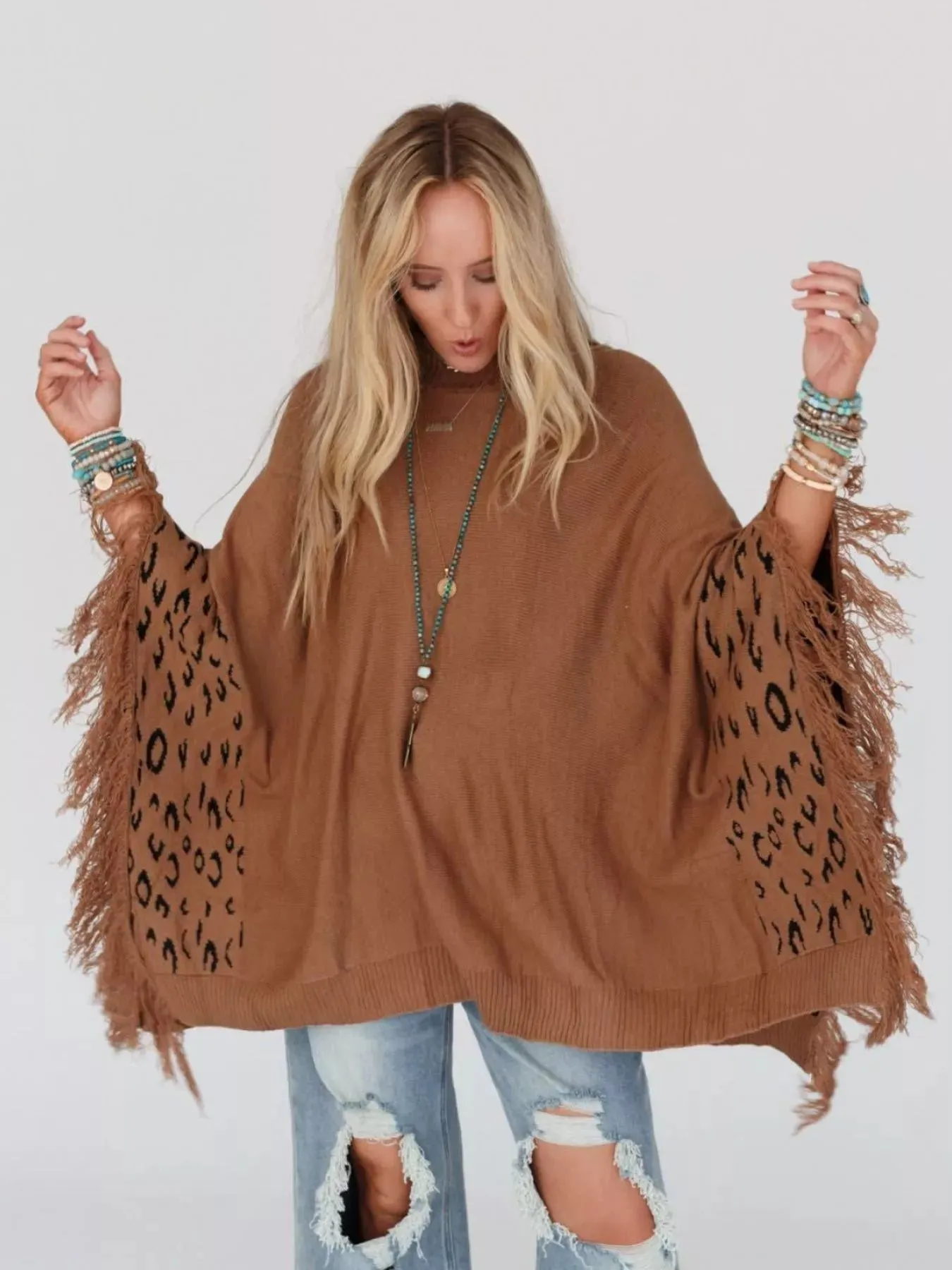 Fringe Leopard Mock Neck Batwing Sleeve Knit Top sold by Charming Charlie product image thumbnail 5