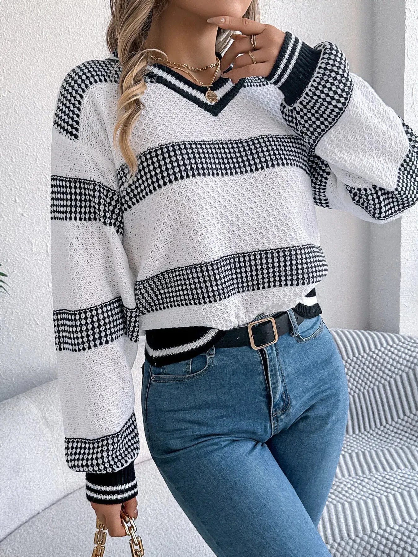 Contrast Striped V-Neck Sweater sold by Charming Charlie product image thumbnail 5