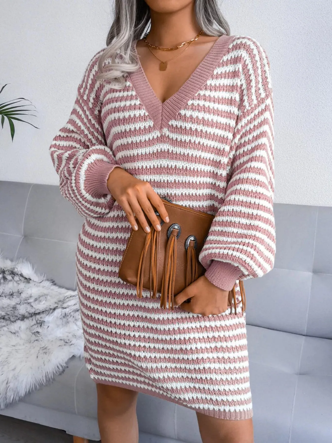 Striped V-Neck Long Sleeve Sweater Dress sold by Charming Charlie
