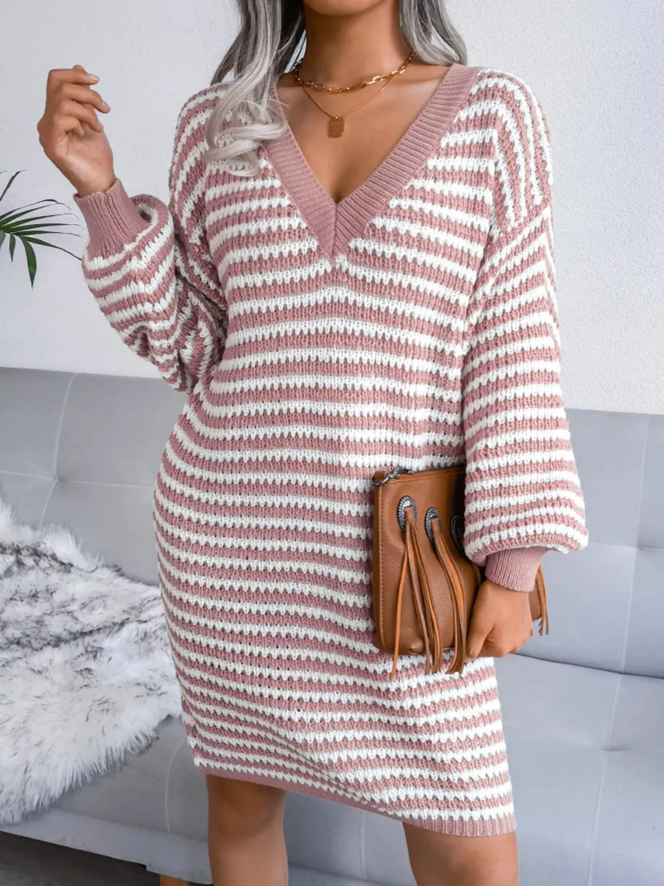 Striped V-Neck Long Sleeve Sweater Dress sold by Charming Charlie product image thumbnail 2