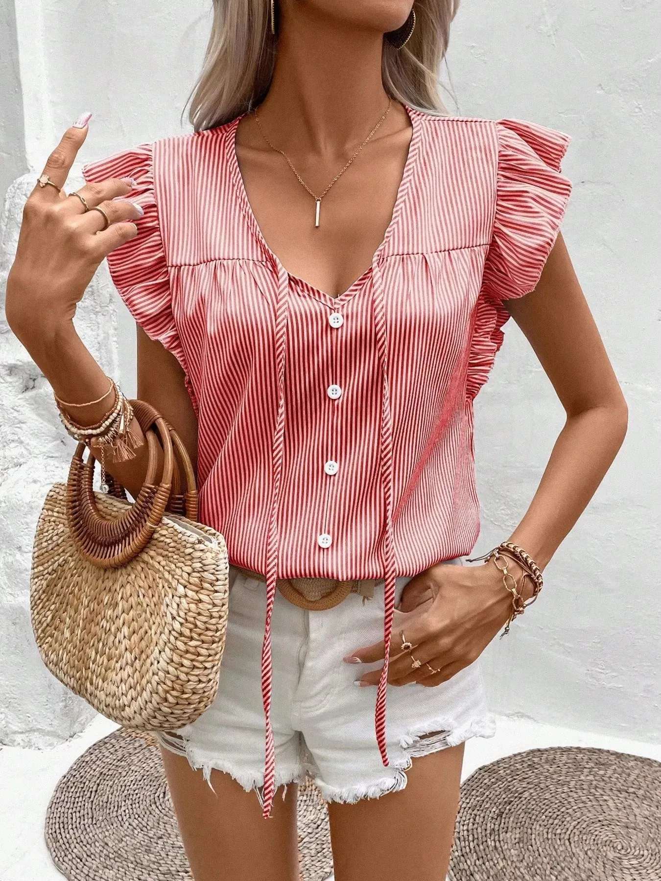 Striped Ruffle Sleeve Tie Front Blouse sold by Charming Charlie product image thumbnail 4