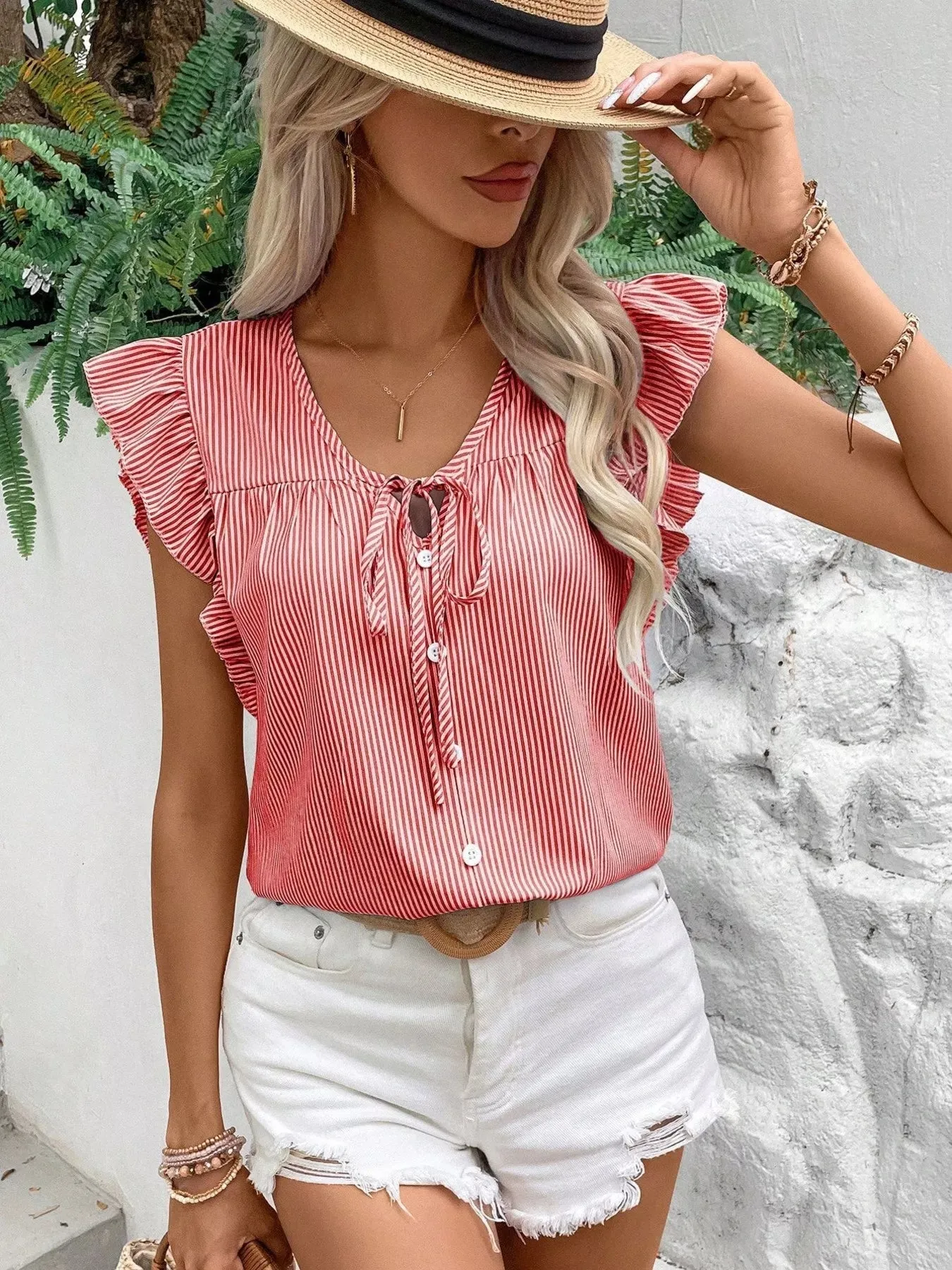 Striped Ruffle Sleeve Tie Front Blouse sold by Charming Charlie product image thumbnail 5
