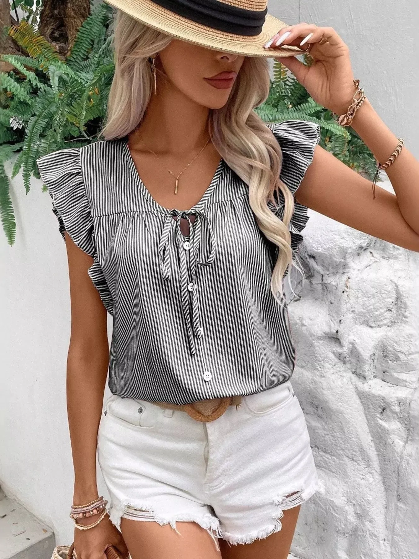 Striped Ruffle Sleeve Tie Front Blouse sold by Charming Charlie product image thumbnail 3