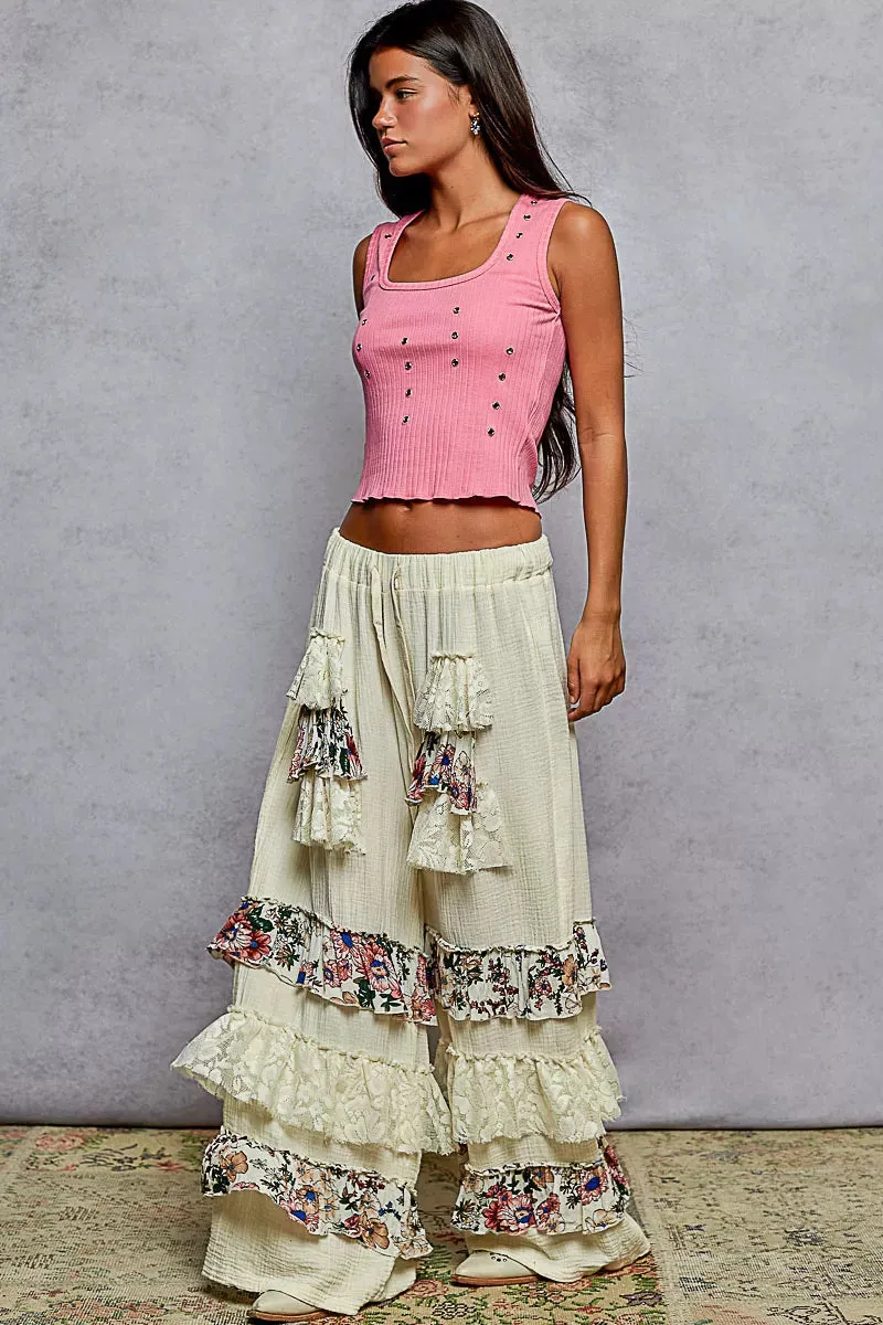POL Drawstring Double Gauze Wide Leg Pants with Print and Lace Ruffle sold by Charming Charlie product image thumbnail 5