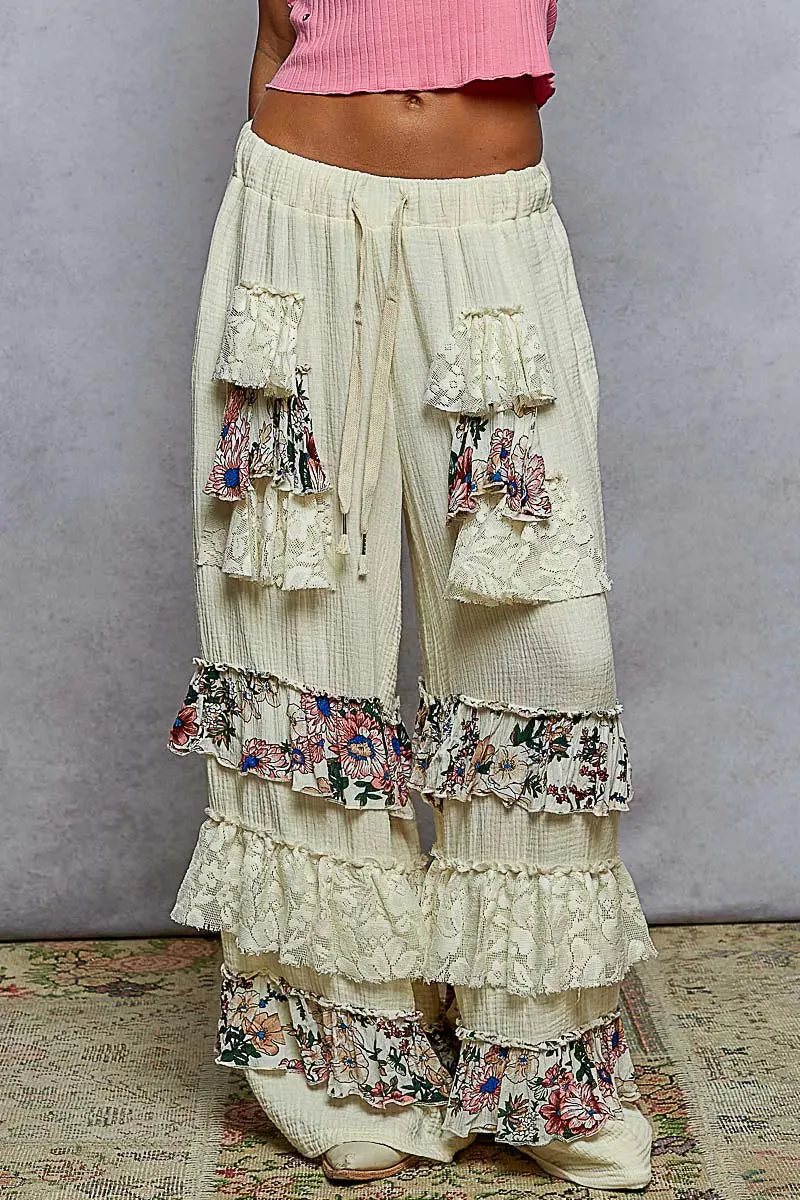 POL Drawstring Double Gauze Wide Leg Pants with Print and Lace Ruffle sold by Charming Charlie