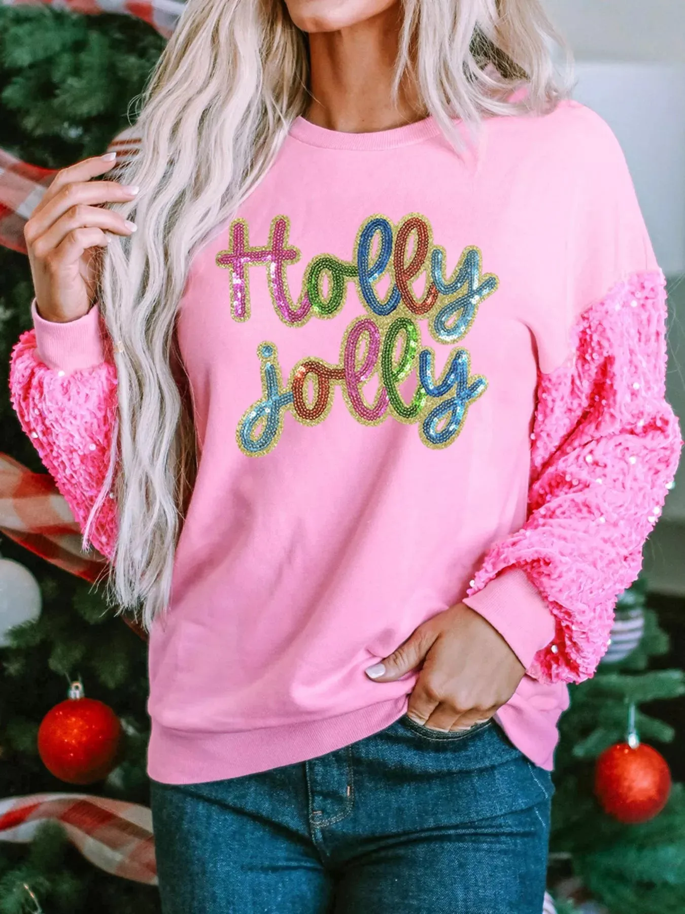 Holly Jolly Sequin Letter Drop Shoulder Long Sleeve Top sold by Charming Charlie product image thumbnail 2