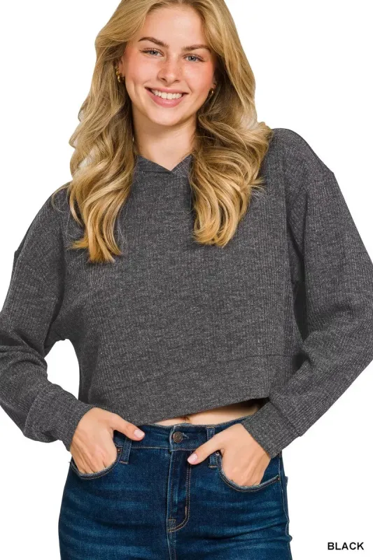 Zenana Drop Shoulder Ribbed Crop Hoodie sold by Charming Charlie