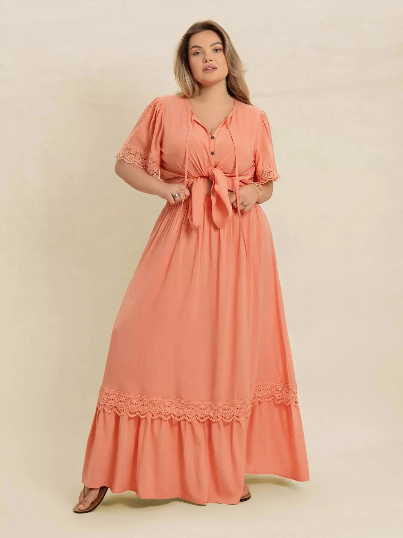 Plus Size Lace Detail Tie Neck Top and Skirt Set sold by Charming Charlie product image thumbnail 4