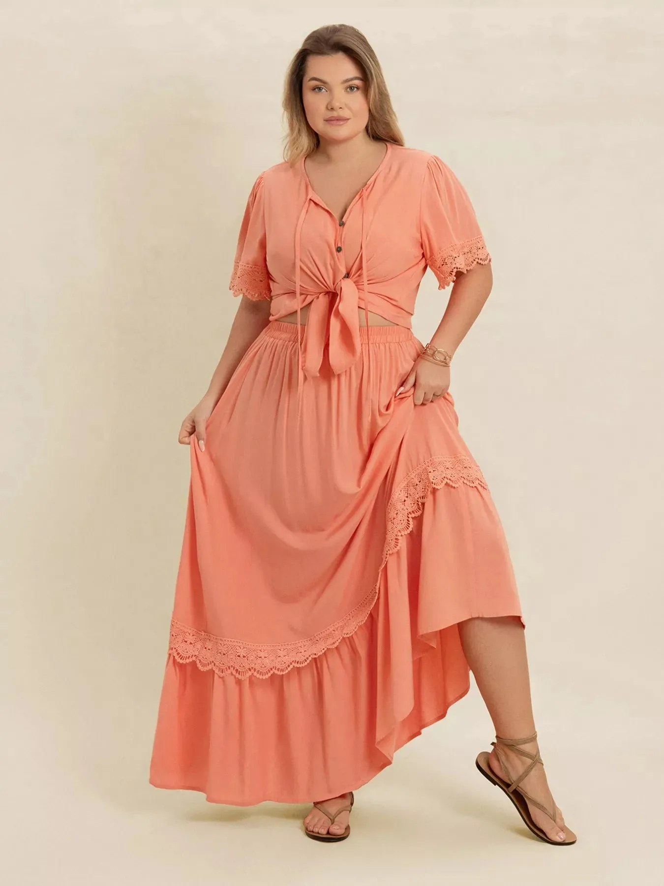 Plus Size Lace Detail Tie Neck Top and Skirt Set sold by Charming Charlie product image thumbnail 5