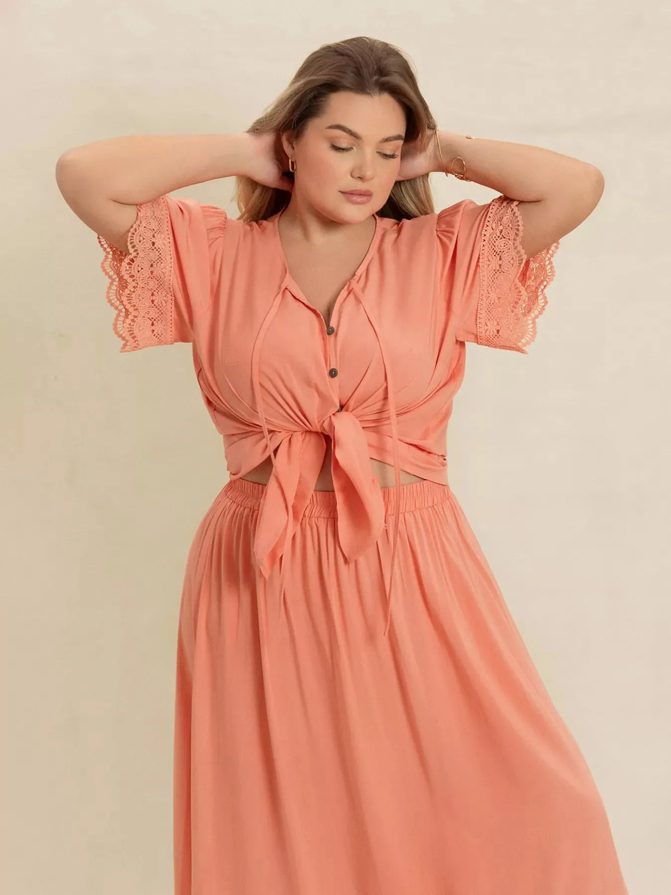 Plus Size Lace Detail Tie Neck Top and Skirt Set sold by Charming Charlie product image thumbnail 2