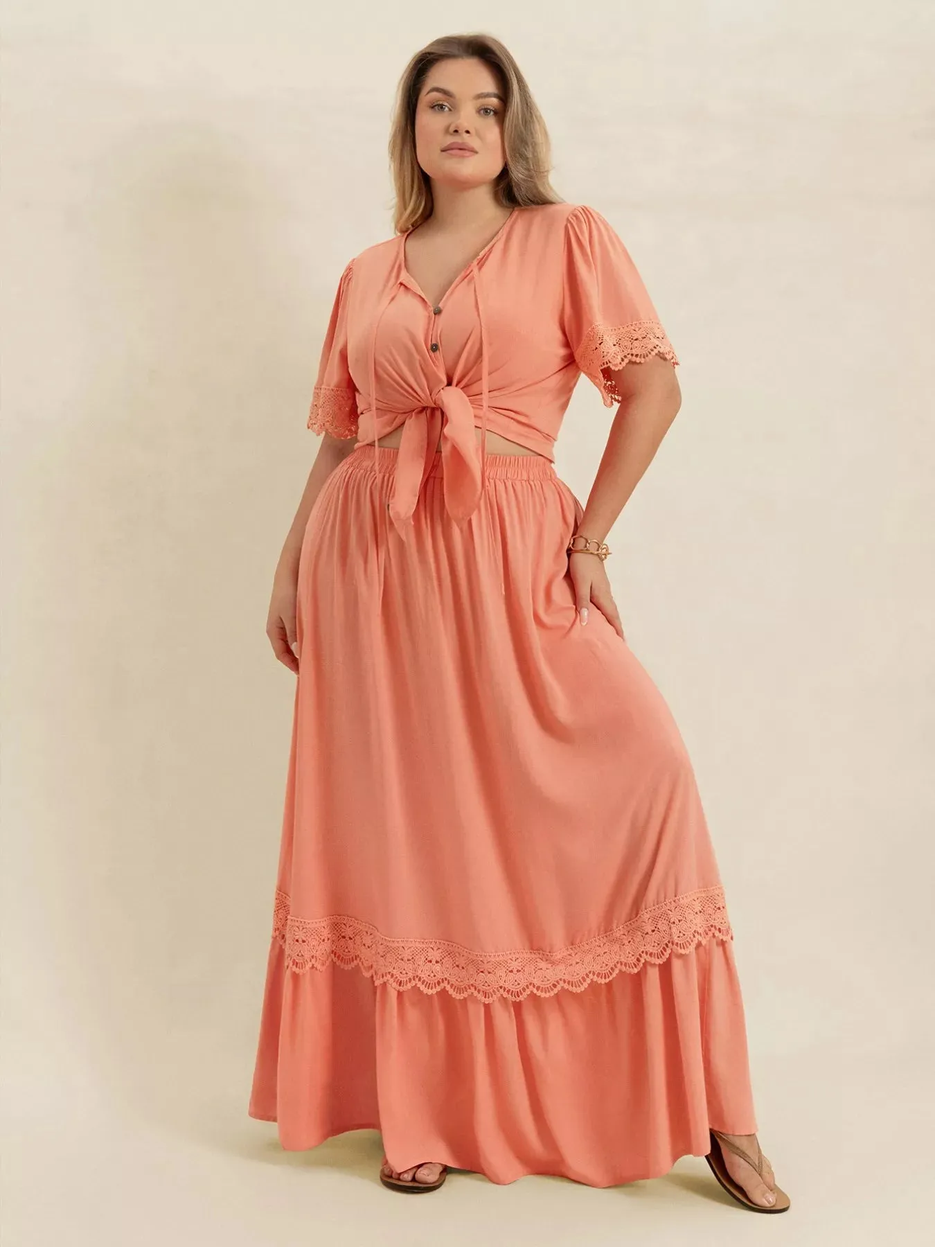 Plus Size Lace Detail Tie Neck Top and Skirt Set sold by Charming Charlie product image thumbnail 3