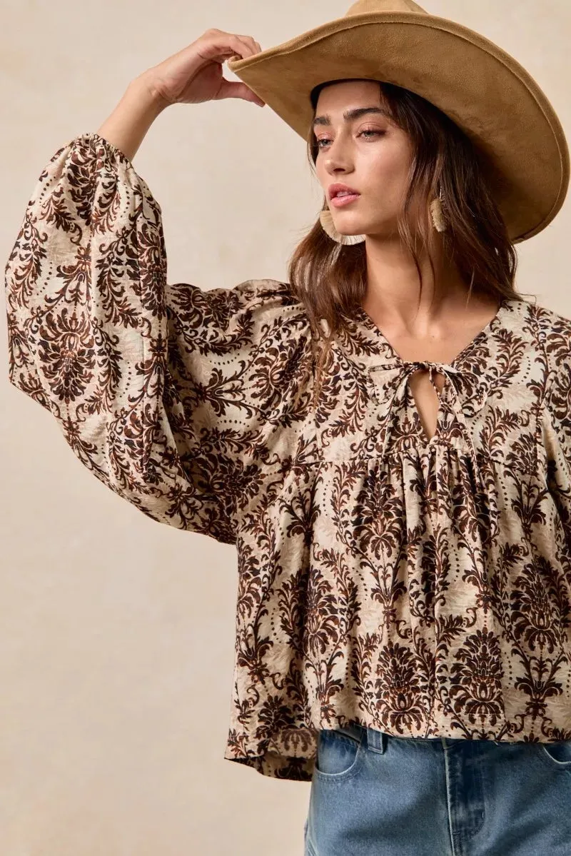BiBi Printed Woven Front Tied Blouse with Baloon Sleeve sold by Charming Charlie product image thumbnail 3