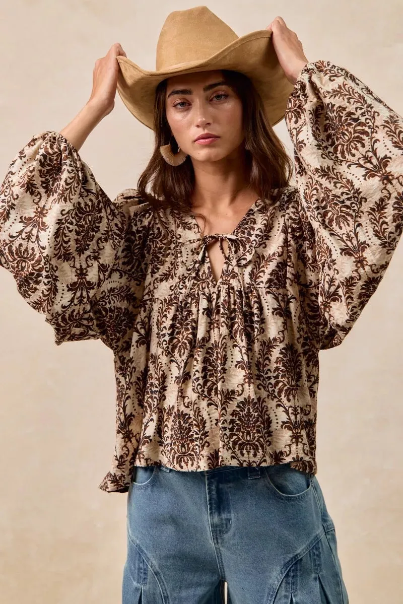 BiBi Printed Woven Front Tied Blouse with Baloon Sleeve sold by Charming Charlie product image thumbnail 4