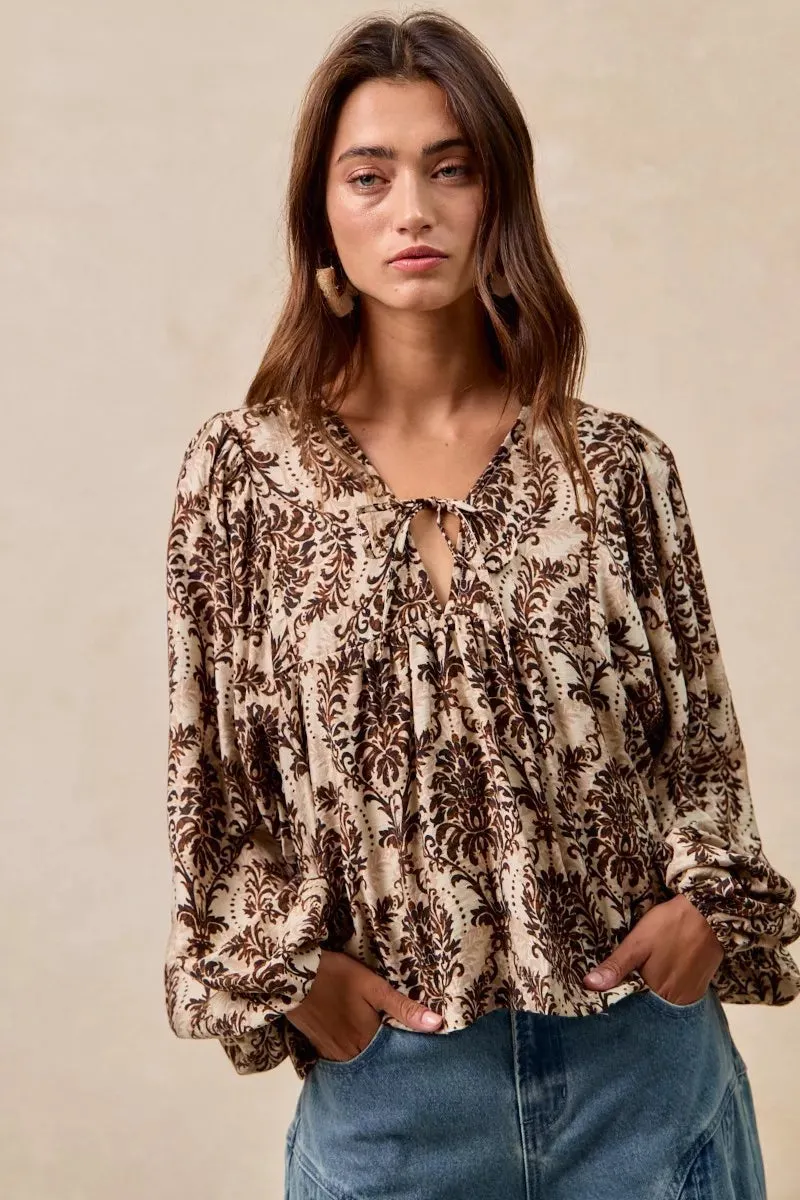 BiBi Printed Woven Front Tied Blouse with Baloon Sleeve sold by Charming Charlie product image thumbnail 5