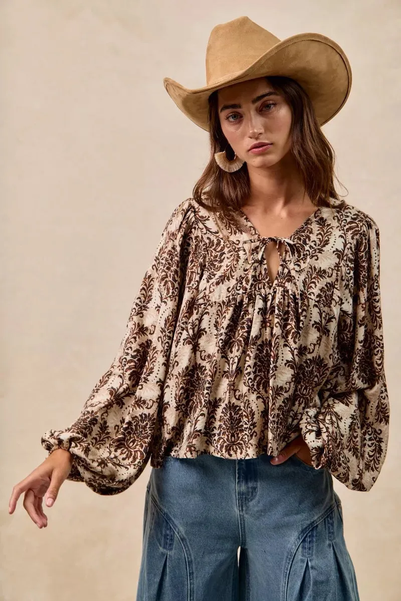 BiBi Printed Woven Front Tied Blouse with Baloon Sleeve sold by Charming Charlie product image thumbnail 2