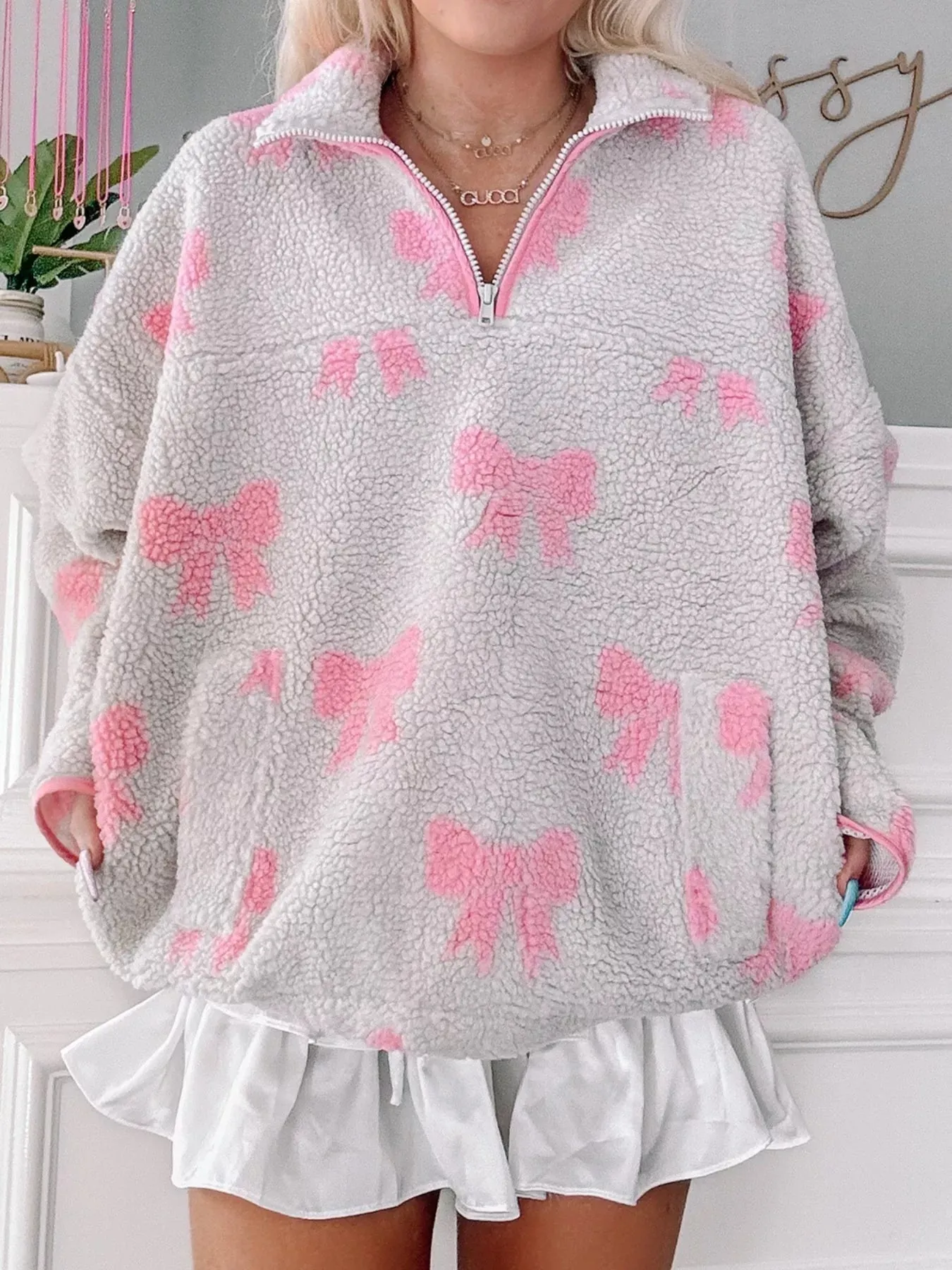 Bow Zip Collar Fleece Sweatshirt sold by Charming Charlie product image thumbnail 3