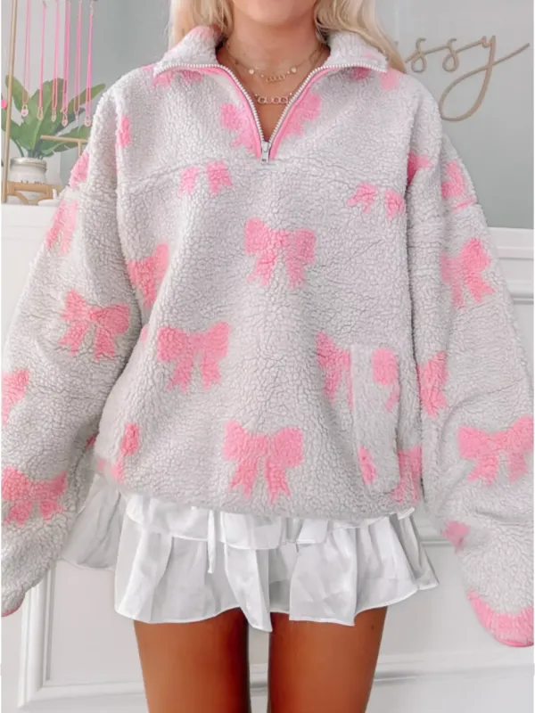 Bow Zip Collar Fleece Sweatshirt sold by Charming Charlie