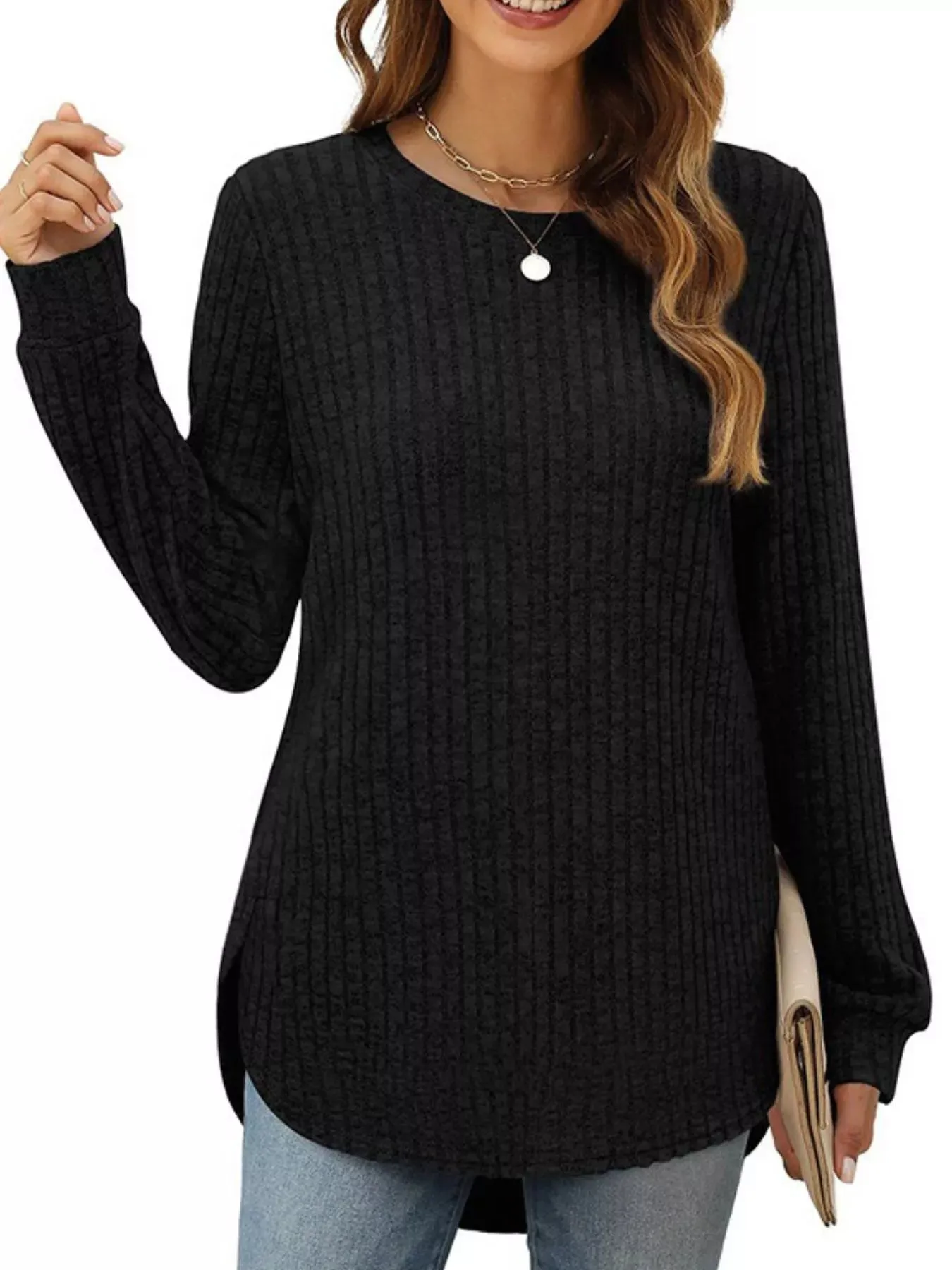 Ribbed Texture Round Neck Long Sleeve Rounded Hem Knit Top sold by Charming Charlie product image thumbnail 2