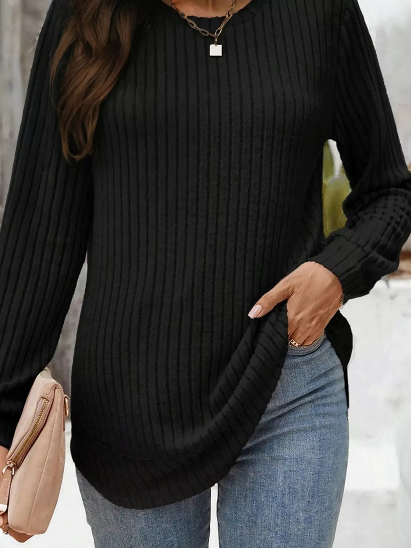 Ribbed Texture Round Neck Long Sleeve Rounded Hem Knit Top sold by Charming Charlie product image thumbnail 3