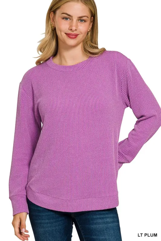Zenana Full Size Raised Rib Round Neck Long Sleeve Top Plus Size sold by Charming Charlie