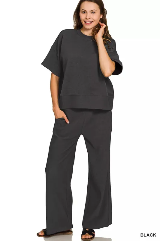 Zenana Ribbed Round Neck Tee & Pants Set sold by Charming Charlie