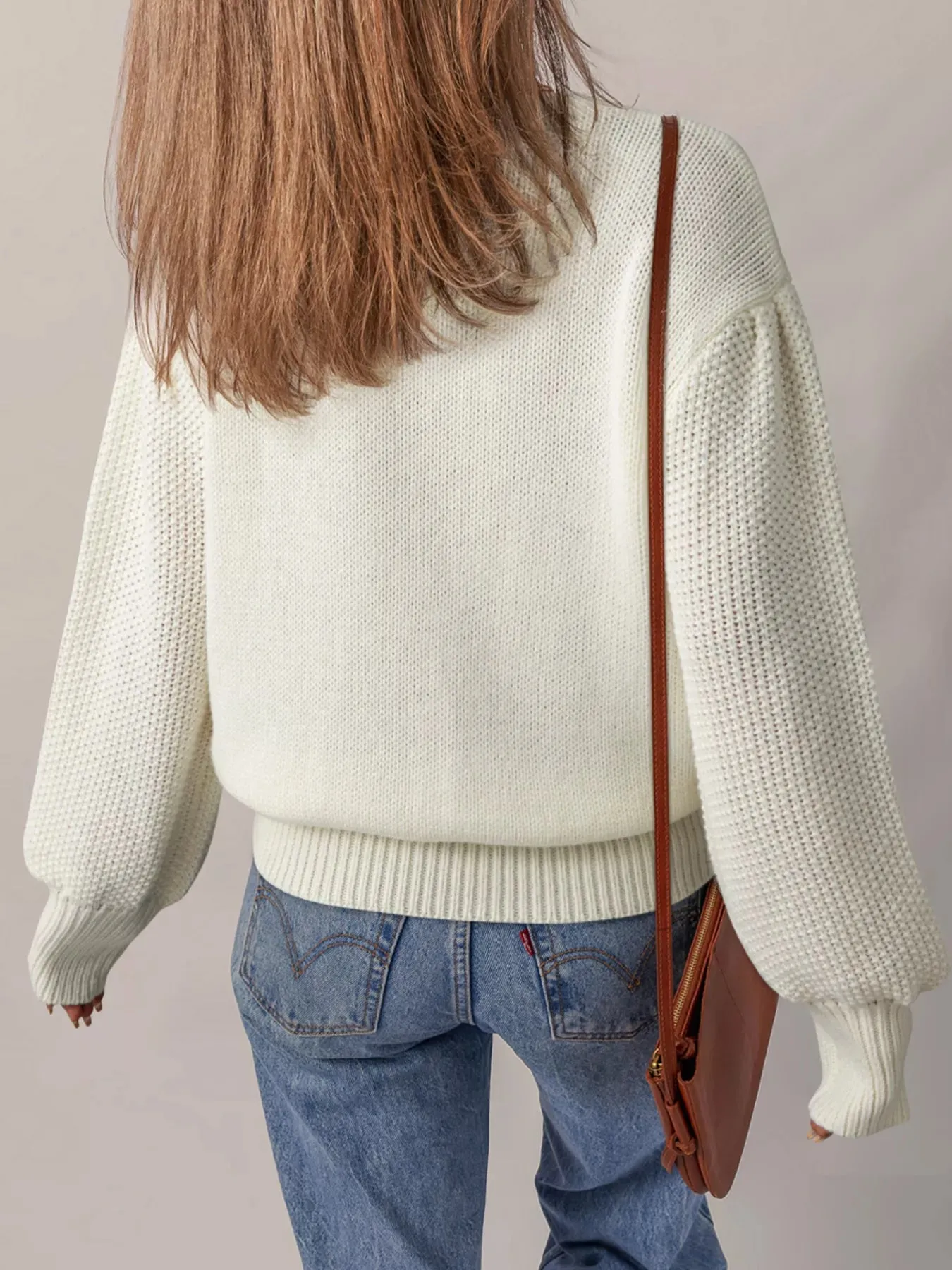 Flower Detail Round Neck Contrast Textured Puff Sleeve Sweater sold by Charming Charlie product image thumbnail 2