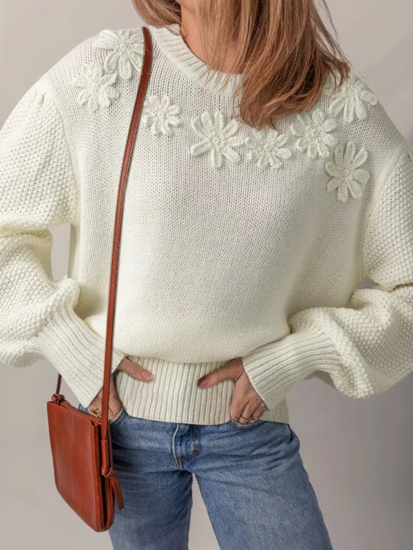 Flower Detail Round Neck Contrast Textured Puff Sleeve Sweater sold by Charming Charlie