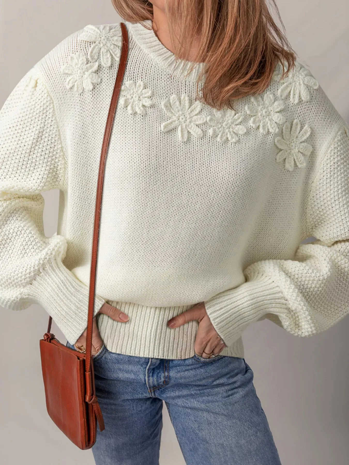 Flower Detail Round Neck Contrast Textured Puff Sleeve Sweater sold by Charming Charlie