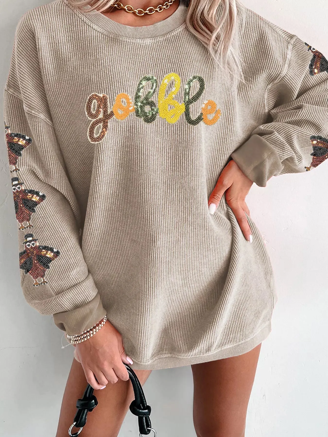 Gobble Corded Ribbed Thanksgiving Turkey Sequin Patched Sleeve Sweatshirt sold by Charming Charlie product image thumbnail 4