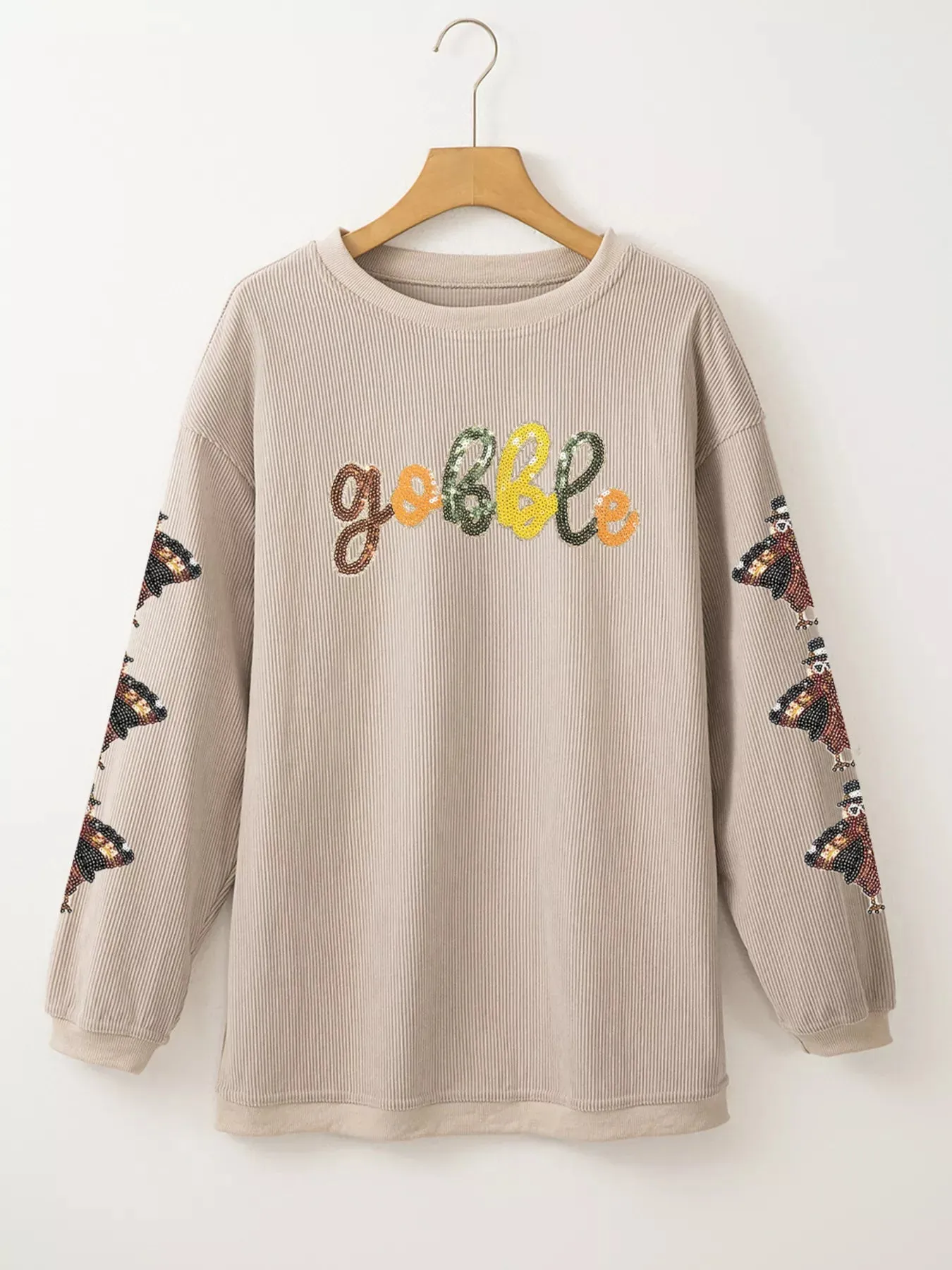 Gobble Corded Ribbed Thanksgiving Turkey Sequin Patched Sleeve Sweatshirt sold by Charming Charlie product image thumbnail 5